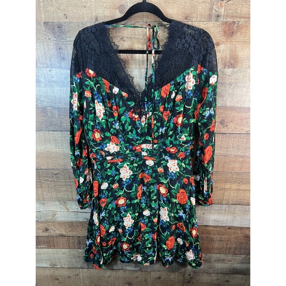 Anthropologie Lacy V-Neck Mini Dress  14 Black Floral Long Sleeve Fit Flare NEW - Picture 2 of 15